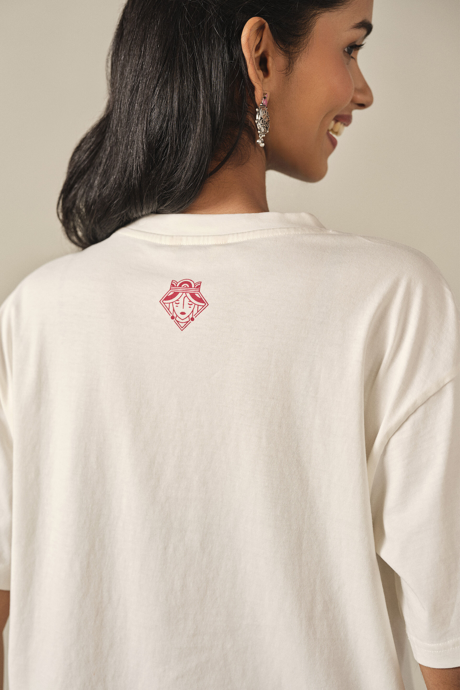 Printed Cotton T-shirt in Off White, Off White, image 5